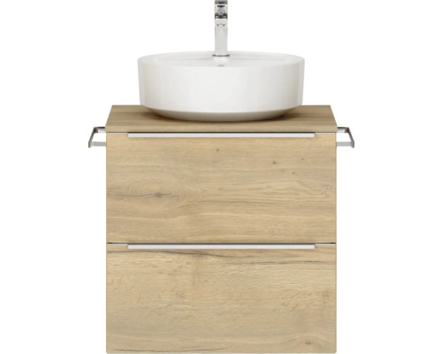 Badmöbel-Set NOBILIA Programm 3 BxHxT 61 x 59,1 x 48,7 cm Frontfarbe eiche natur mit Aufsatz-Waschbecken weiß Griffleiste chrom matt 326 Waschtisch mit Waschbecken und zwei Schubladen