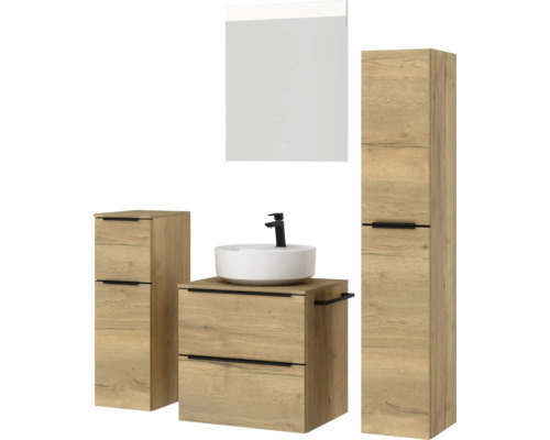 Badmöbelset mit Waschtisch, Aufsatzwaschbecken, Spiegelschrank und Hochschrank