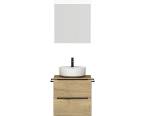 Badmöbel-Set NOBILIA Programm 3 BxHxT 61 x 169,1 x 48,7 cm Frontfarbe eiche natur mit Aufsatz-Waschtisch weiß und Spiegel mit LED-Beleuchtung Griffleiste schwarz 335
