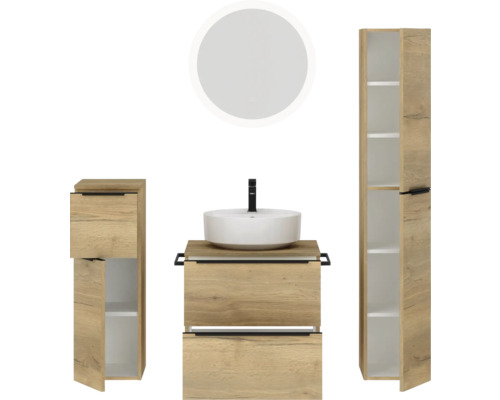 Badezimmerensemble mit Waschtisch, Aufsatzwaschbecken, Spiegelschrank und Hochschrank für eine helle und organisierte Atmosphäre.