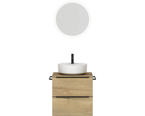 Badmöbel-Set NOBILIA Programm 3 BxHxT 61 x 169,1 x 48,7 cm Frontfarbe eiche natur mit Aufsatz-Waschtisch weiß und Spiegel rund mit LED-Beleuchtung Griffleiste schwarz 351