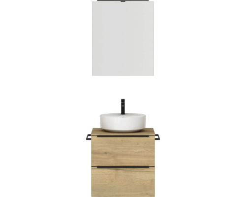 Badmöbel-Set NOBILIA Programm 3 BxHxT 61 x 169,1 x 48,7 cm Frontfarbe eiche natur mit Aufsatz-Waschtisch und Spiegelschrank 1-türig mit LED-Beleuchtung Griffleiste schwarz 343 Waschtischkombination mit Spiegel, Aufsatzwaschbecken und Unterschrank