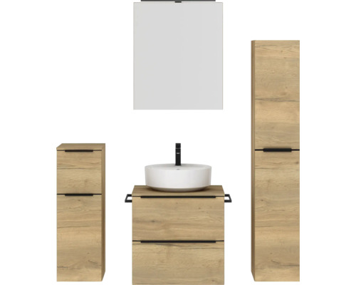 Badmöbel-Set NOBILIA Programm 3 BxHxT 140 x 169,1 x 48,7 cm Frontfarbe eiche natur mit Aufsatz-Waschtisch und Spiegelschrank 1-türig mit LED-Beleuchtung Unterschrank Midischrank Griffleiste schwarz 367 Badezimmermöbelset mit Waschtisch, Aufsatzwaschbecken, Spiegelschrank und Hochschränken im Holzdekor