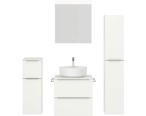 Badmöbel-Set NOBILIA Programm 3 BxHxT 140 x 169,1 x 48,7 cm Frontfarbe weiß matt mit Aufsatz-Waschtisch weiß und Spiegel mit LED-Beleuchtung Midischrank Unterschrank Griffleiste chrom matt 352 Badmöbel-Set NOBILIA Programm 3 BxHxT 140 x 169,1 x 48,7 cm Frontfarbe weiß matt mit Aufsatz-Waschtisch weiß und Spiegel mit LED-Beleuchtung Midischrank Unterschrank Griffleiste chrom matt 352