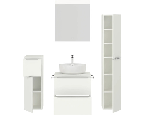 Badezimmer-Set mit Waschtisch, Waschbecken, Spiegelschrank und Hochschränken
