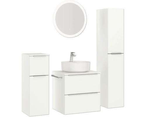 Badezimmerensemble mit Spiegelschrank, Waschbeckenunterschrank und Hochschrank