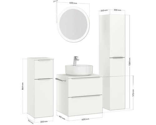 Badezimmermöbelset mit Waschtisch, Waschtischunterschrank, Spiegelschrank und Spiegel mit Beleuchtung, inklusive Maßangaben