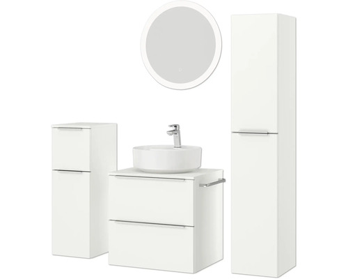 Badezimmer-Set mit Waschbecken, Unterschrank, Spiegelschrank und Hochschrank