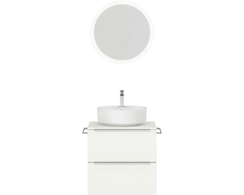 Badmöbel-Set NOBILIA Programm 3 BxHxT 61 x 169,1 x 48,7 cm Frontfarbe weiß matt mit Aufsatz-Waschtisch weiß und Spiegel rund mit LED-Beleuchtung Griffleiste chrom matt 344