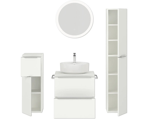Badezimmerensemble mit Waschtisch, Aufsatzwaschbecken, Spiegelschrank und Hochschrank