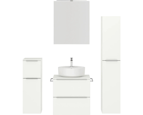 Badmöbel-Set NOBILIA Programm 3 BxHxT 140 x 169,1 x 48,7 cm Frontfarbe weiß matt mit Aufsatz-Waschtisch und Spiegelschrank 1-türig mit LED-Beleuchtung Unterschrank Midischrank Griffleiste chrom matt 360 Badezimmer-Set mit Waschtisch, Waschbecken, Spiegelschrank und Hochschrank