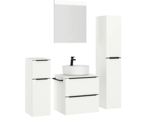 Badezimmer-Set mit Waschtisch, Aufsatzwaschbecken, Spiegelschrank und Hochschrank