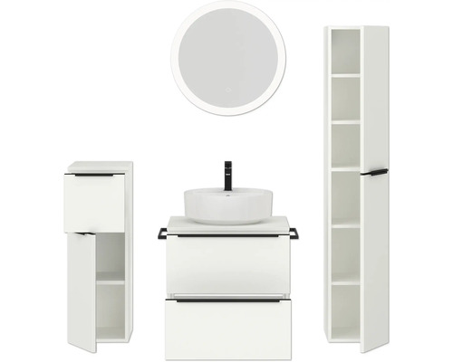 Badezimmer-Set mit Waschbecken, Unterschrank, Spiegelschrank und Hochschrank