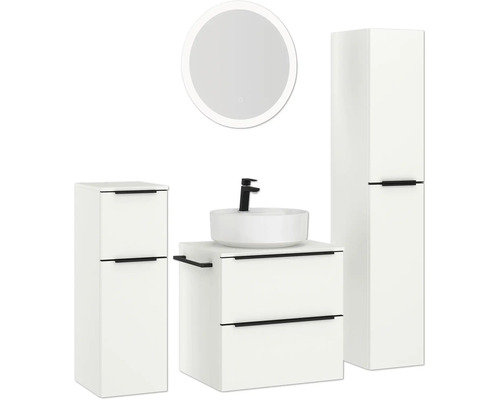 Badezimmer-Set mit Waschtisch, Waschbecken, Spiegelschrank und Hochschrank für ein helles und organisiertes Badezimmer