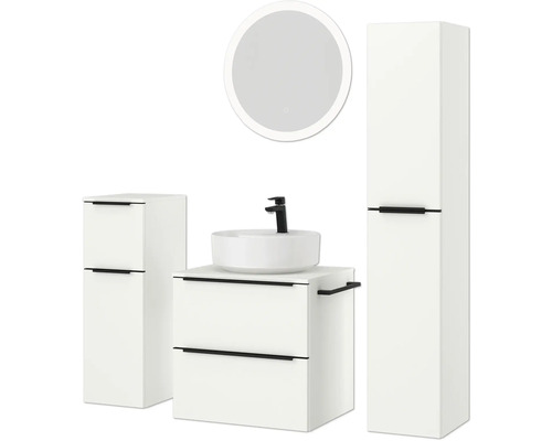 Badezimmer-Set mit Waschtisch, Waschbecken, Spiegelschrank und Hochschrank