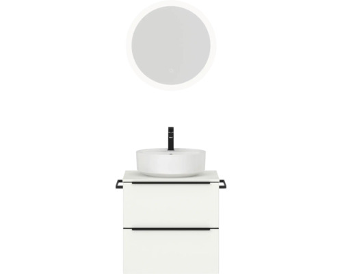 Badmöbel-Set NOBILIA Programm 3 BxHxT 61 x 169,1 x 48,7 cm Frontfarbe weiß matt mit Aufsatz-Waschtisch weiß und Spiegel rund mit LED-Beleuchtung Griffleiste schwarz 345