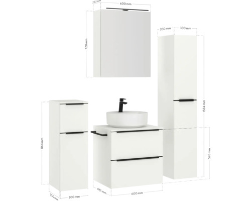 Badezimmerset mit Waschbecken, Unterschrank, Hochschrank und Hängeschrank mit Maßangaben