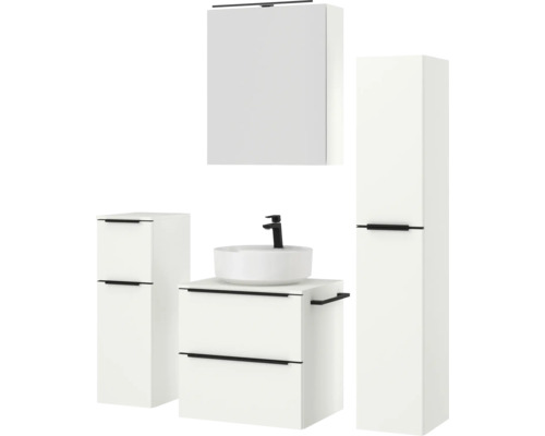 Badezimmer-Set mit Waschtisch, Aufsatzwaschbecken, Spiegelschrank und Hochschrank
