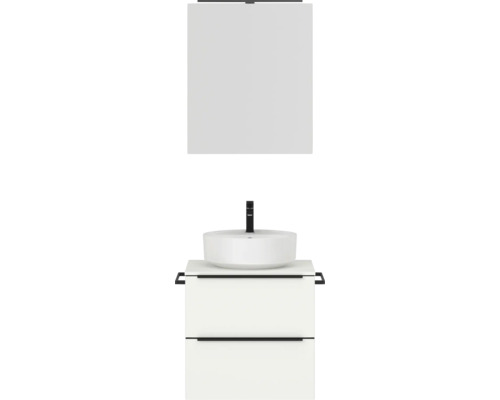 Badmöbel-Set NOBILIA Programm 3 BxHxT 61 x 169,1 x 48,7 cm Frontfarbe weiß matt mit Aufsatz-Waschtisch und Spiegelschrank 1-türig mit LED-Beleuchtung Griffleiste schwarz 337 Waschtisch mit Aufsatzwaschbecken, Unterschrank und Spiegelschrank