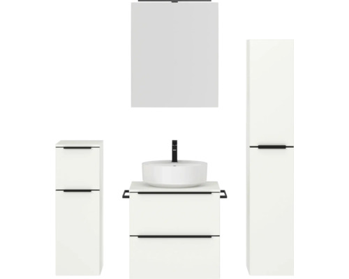 Badmöbel-Set NOBILIA Programm 3 BxHxT 140 x 169,1 x 48,7 cm Frontfarbe weiß matt mit Aufsatz-Waschtisch und Spiegelschrank 1-türig mit LED-Beleuchtung Unterschrank Midischrank Griffleiste schwarz 361 Badezimmer Set mit Waschbecken, Waschbeckenunterschrank, Spiegelschrank und Hochschrank