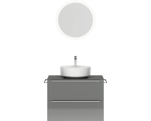 Badmöbel-Set NOBILIA Programm 3 BxHxT 81 x 169,1 x 48,7 cm Frontfarbe grau hochglanz mit Aufsatz-Waschtisch weiß und Spiegel rund mit LED-Beleuchtung Griffleiste chrom matt 404 Waschtischkombination mit Aufsatzwaschbecken und rundem Spiegel