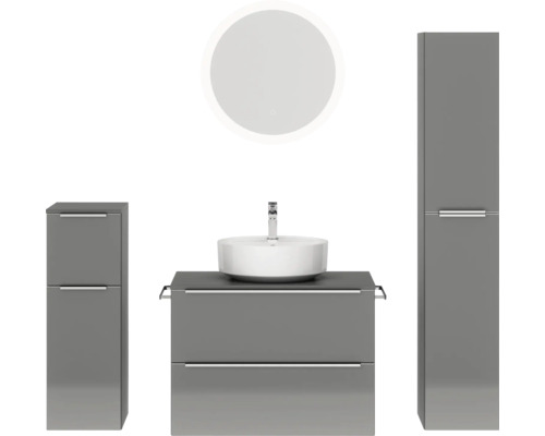 Badmöbel-Set NOBILIA Programm 3 BxHxT 160 x 169,1 x 48,7 cm Frontfarbe grau hochglanz mit Aufsatz-Waschtisch weiß und Spiegel rund mit LED-Beleuchtung Midischrank Unterschrank Griffleiste chrom matt 428 Graues Badezimmerensemble mit Waschtisch, Spiegel und Hochschränken.