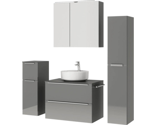 Badezimmermöbelset mit Waschtisch, Aufsatzwaschbecken, Spiegelschrank und Hochschränken