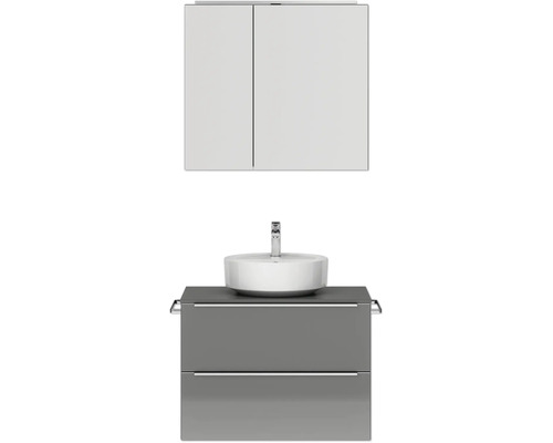 Badmöbel-Set NOBILIA Programm 3 BxHxT 81 x 169,1 x 48,7 cm Frontfarbe grau hochglanz mit Aufsatz-Waschtisch und Spiegelschrank 2-türig mit LED-Beleuchtung Griffleiste chrom matt 396 Waschtischkombination mit Aufsatzwaschbecken und Spiegelschrank
