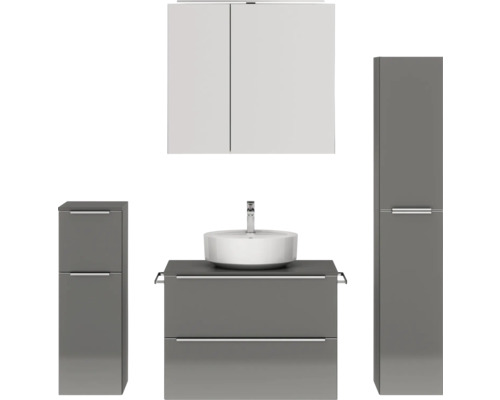 Badmöbel-Set NOBILIA Programm 3 BxHxT 160 x 169,1 x 48,7 cm Frontfarbe grau hochglanz mit Aufsatz-Waschtisch und Spiegelschrank 2-türig mit LED-Beleuchtung Unterschrank Midischrank Griffleiste chrom matt 420 Badezimmer-Set mit Waschtisch, Aufsatzwaschbecken, Spiegelschrank und Hochschränken