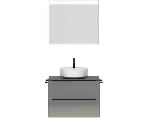 Badmöbel-Set NOBILIA Programm 3 BxHxT 81 x 169,1 x 48,7 cm Frontfarbe grau hochglanz mit Aufsatz-Waschtisch weiß und Spiegel mit LED-Beleuchtung Griffleiste schwarz 389