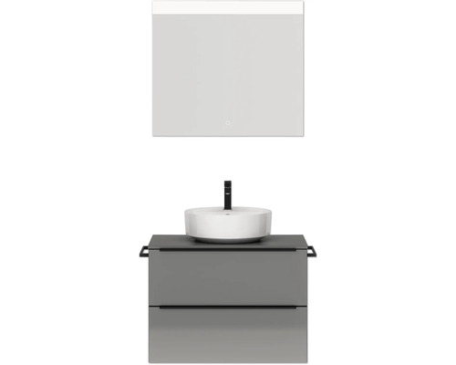 Badmöbel-Set NOBILIA Programm 3 BxHxT 81 x 169,1 x 48,7 cm Frontfarbe grau hochglanz mit Aufsatz-Waschtisch weiß und Spiegel mit LED-Beleuchtung Griffleiste schwarz 389 Modernes Badezimmerensemble mit Waschtischunterschrank, Aufsatzwaschbecken und beleuchtetem Spiegel