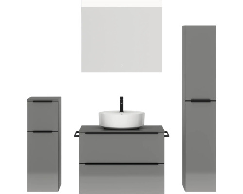 Badmöbel-Set NOBILIA Programm 3 BxHxT 160 x 169,1 x 48,7 cm Frontfarbe grau hochglanz mit Aufsatz-Waschtisch weiß und Spiegel mit LED-Beleuchtung Midischrank Unterschrank Griffleiste schwarz 413