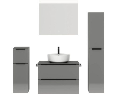 Badmöbel-Set NOBILIA Programm 3 BxHxT 160 x 169,1 x 48,7 cm Frontfarbe grau hochglanz mit Aufsatz-Waschtisch weiß und Spiegel mit LED-Beleuchtung Midischrank Unterschrank Griffleiste schwarz 413 Graues Badezimmerset mit Waschtisch, Waschbecken, Spiegelschrank und Hochschrank