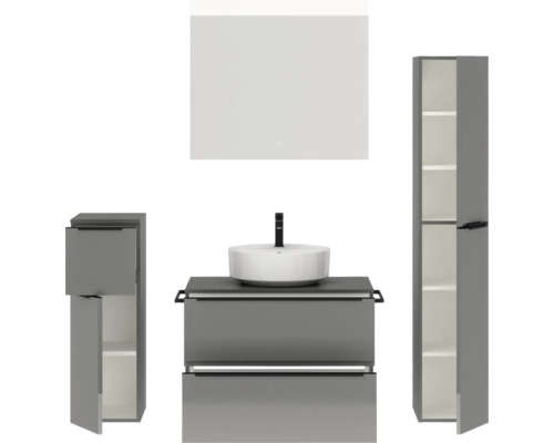 Badezimmer-Set mit Waschtisch, Aufsatzwaschbecken, Spiegelschrank und Hochschrank