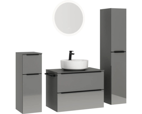 Badezimmer Set mit Waschbecken, Unterschrank, Spiegelschrank und Hochschrank
