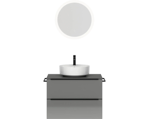 Badmöbel-Set NOBILIA Programm 3 BxHxT 81 x 169,1 x 48,7 cm Frontfarbe grau hochglanz mit Aufsatz-Waschtisch weiß und Spiegel rund mit LED-Beleuchtung Griffleiste schwarz 405