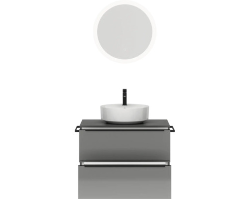 Badezimmer Waschtisch mit rundem Spiegel, Aufsatzwaschbecken und Unterschrank