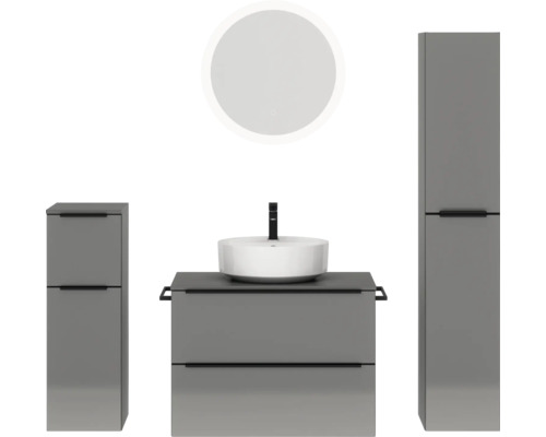 Badmöbel-Set NOBILIA Programm 3 BxHxT 160 x 169,1 x 48,7 cm Frontfarbe grau hochglanz mit Aufsatz-Waschtisch weiß und Spiegel rund mit LED-Beleuchtung Midischrank Unterschrank Griffleiste schwarz 429 Badezimmerensemble mit Waschtisch, Unterschrank, Hochschrank und rundem Spiegel