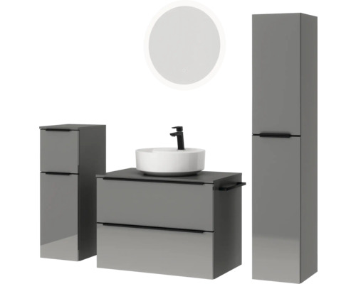 Modernes Badezimmer-Set mit Waschtisch, Waschbecken, Spiegel und Hochschrank