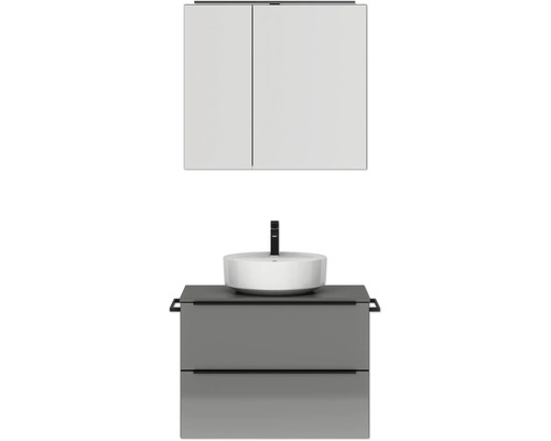 Badmöbel-Set NOBILIA Programm 3 BxHxT 81 x 169,1 x 48,7 cm Frontfarbe grau hochglanz mit Aufsatz-Waschtisch und Spiegelschrank 2-türig mit LED-Beleuchtung Griffleiste schwarz 397 Badezimmermöbel Set mit Waschtisch, Waschbecken und Spiegelschrank