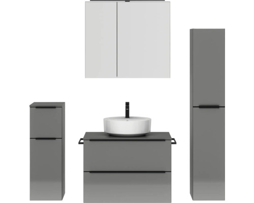 Badmöbel-Set NOBILIA Programm 3 BxHxT 160 x 169,1 x 48,7 cm Frontfarbe grau hochglanz mit Aufsatz-Waschtisch und Spiegelschrank 2-türig mit LED-Beleuchtung Unterschrank Midischrank Griffleiste schwarz