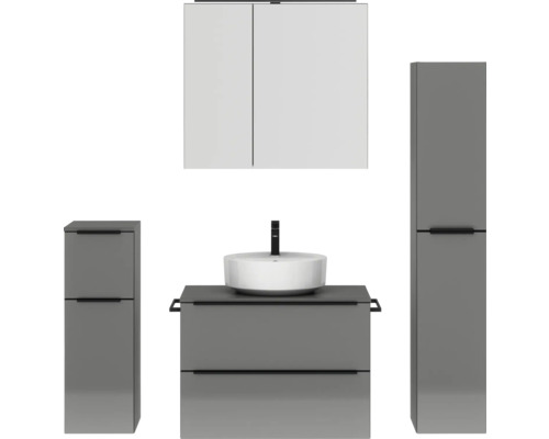 Badmöbel-Set NOBILIA Programm 3 BxHxT 160 x 169,1 x 48,7 cm Frontfarbe grau hochglanz mit Aufsatz-Waschtisch und Spiegelschrank 2-türig mit LED-Beleuchtung Unterschrank Midischrank Griffleiste schwarz Modernes Badezimmer-Set mit Waschbecken, Unterschrank, Hochschrank und Spiegelschrank