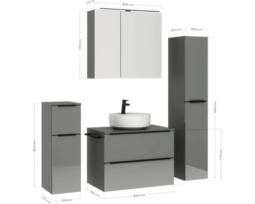 Badmöbelset mit Waschtisch, Waschtischunterschrank, Spiegelschrank und Hochschränken mit Maßangaben