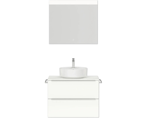 Badmöbel-Set NOBILIA Programm 3 BxHxT 81 x 169,1 x 48,7 cm Frontfarbe weiß hochglanz mit Aufsatz-Waschtisch weiß und Spiegel mit LED-Beleuchtung Griffleiste chrom matt 386 Waschtischkombination mit Waschbecken, Unterschrank und Spiegel für das Badezimmer