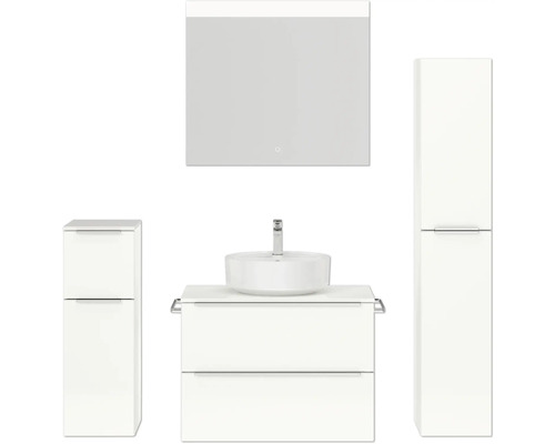 Badmöbel-Set NOBILIA Programm 3 BxHxT 160 x 169,1 x 48,7 cm Frontfarbe weiß hochglanz mit Aufsatz-Waschtisch weiß und Spiegel mit LED-Beleuchtung Midischrank Unterschrank Griffleiste chrom matt 410 Komplettes Badezimmerset mit Waschtischunterschrank, Aufsatzwaschbecken, Spiegelschrank und Hochschrank
