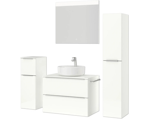 Badezimmer-Set mit Waschtisch, Aufsatzwaschbecken, Spiegelschrank und Hochschrank