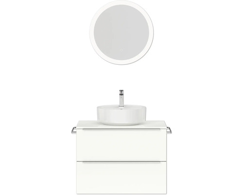 Badmöbel-Set NOBILIA Programm 3 BxHxT 81 x 169,1 x 48,7 cm Frontfarbe weiß hochglanz mit Aufsatz-Waschtisch weiß und Spiegel rund mit LED-Beleuchtung Griffleiste chrom matt 402