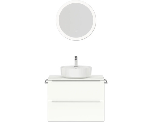 Badmöbel-Set NOBILIA Programm 3 BxHxT 81 x 169,1 x 48,7 cm Frontfarbe weiß hochglanz mit Aufsatz-Waschtisch weiß und Spiegel rund mit LED-Beleuchtung Griffleiste chrom matt 402 Badezimmer mit rundem Spiegel, Aufsatzwaschbecken und Unterschrank