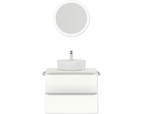 Badezimmerensemble mit rundem Spiegel, Aufsatzwaschbecken und Unterschrank