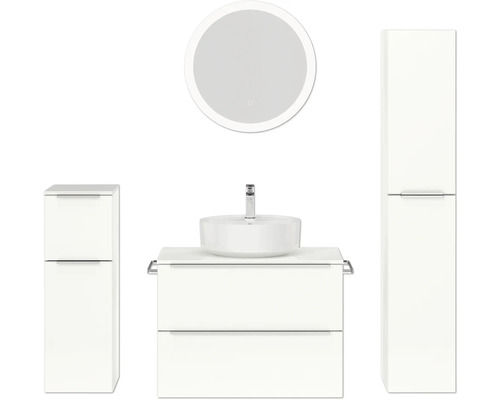 Badmöbel-Set NOBILIA Programm 3 BxHxT 160 x 169,1 x 48,7 cm Frontfarbe weiß hochglanz mit Aufsatz-Waschtisch weiß und Spiegel rund mit LED-Beleuchtung Midischrank Unterschrank Griffleiste chrom matt 426 Weißes Badezimmer-Set mit Waschtisch, Spiegel und Schränken für eine moderne Badezimmereinrichtung